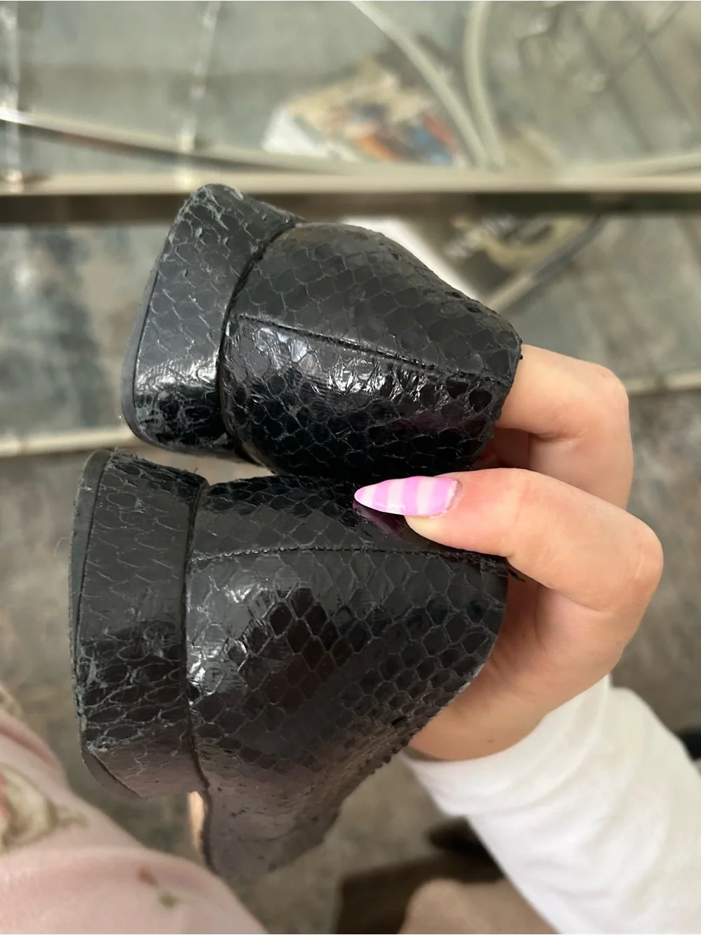 Tory Burch Black Pointed Snake-Embossed Leather Flats with Gold Plaque